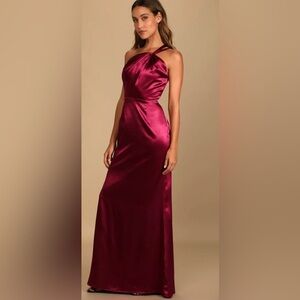 Lulus Devotion to Love Wine Satin One Shoulder Maxi Dress Women's Size XS